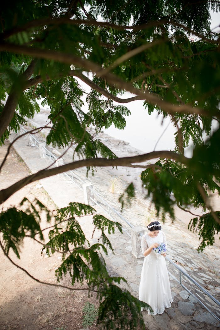 Bride in a white gown holding bouquet beneath leafy tree branches.