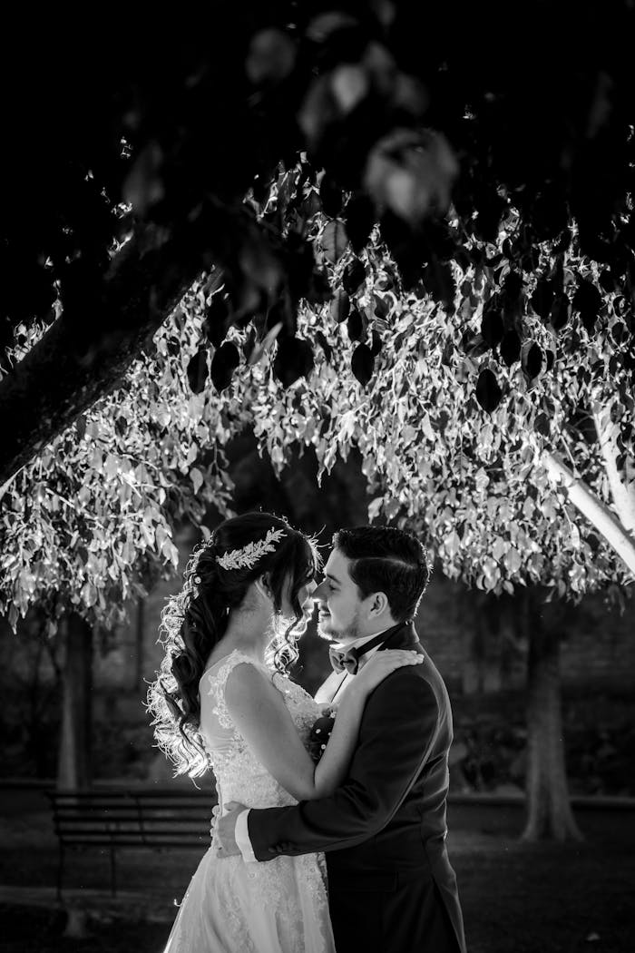Elegant black and white photo of a bride and groom embracing outdoors under tree leaves.